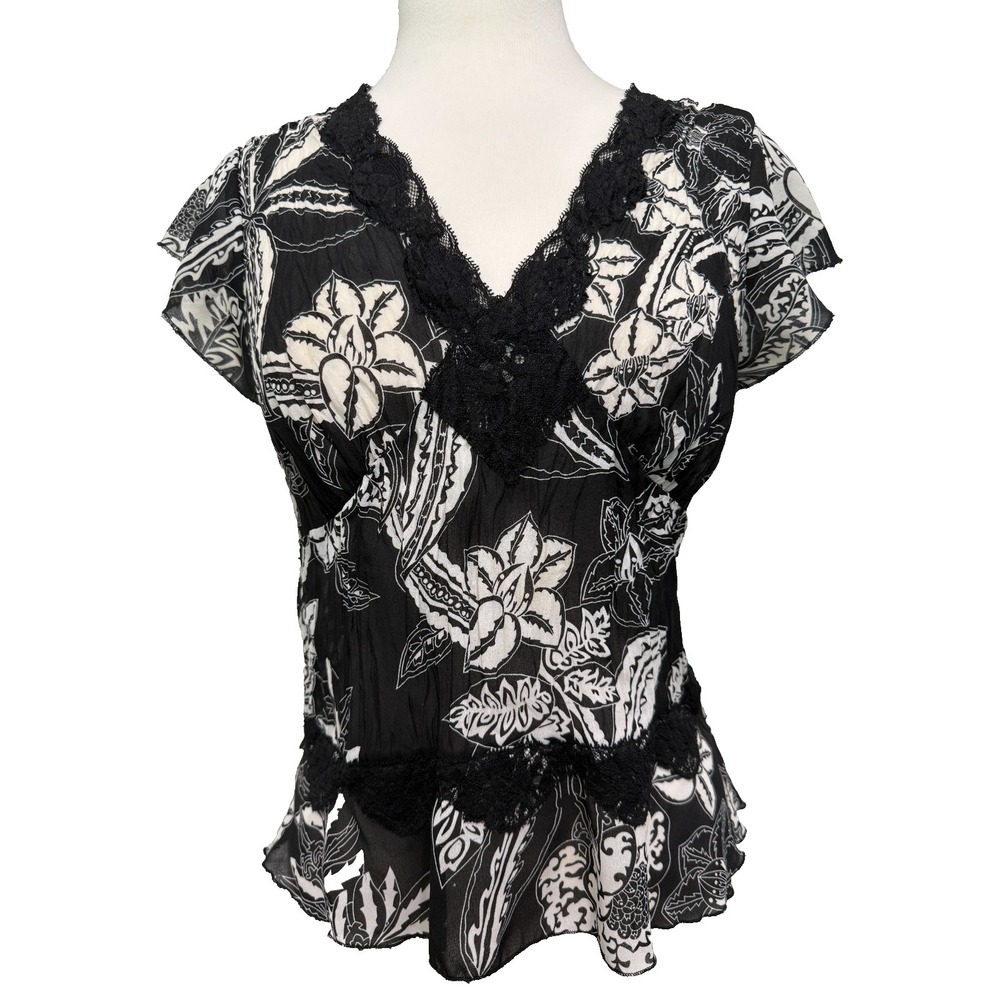 Robbie Bee Floral Lace Trim Blouse Womens Size M Black White Y2K Whimsygoth Top